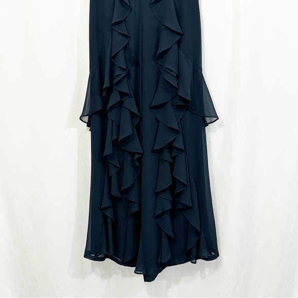 Badgley Mischka Cascading Ruffle Wide Leg High Waist Pants in Navy Blue - Picture 5 of 13